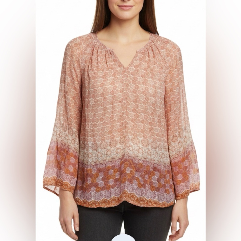Garnett Hill Cream Peach Geometric Honeycomb Pattern Smocked Long Sleeve Tunic M